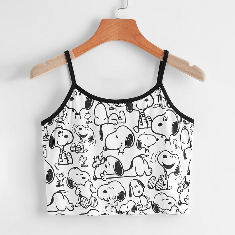 

Cartoon Print Crop Cami, Black and white