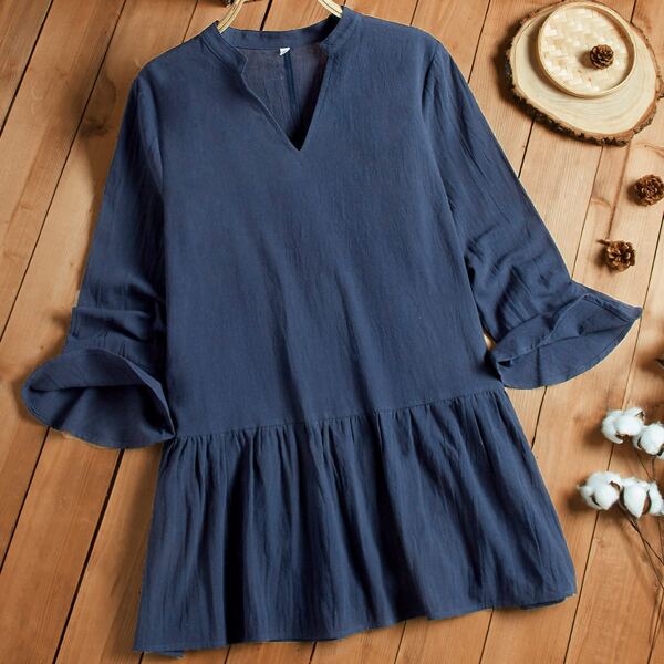 

Solid Flounce Sleeve Babydoll Blouse, Navy blue