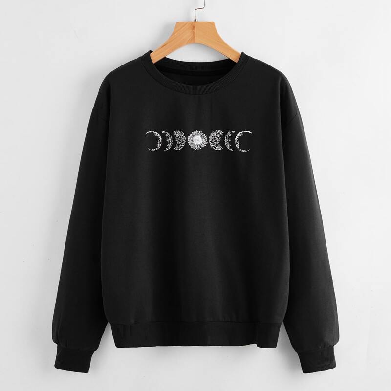 

Plants Print Drop Shoulder Sweatshirt, Black