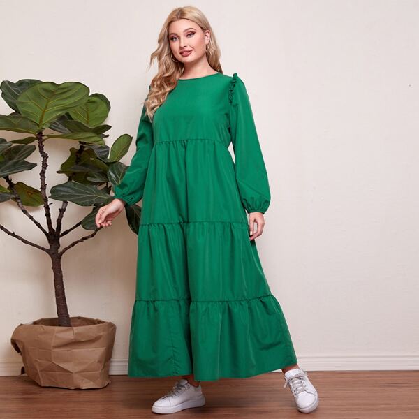 

Plus Lantern Sleeve Frilled Smock Dress, Green