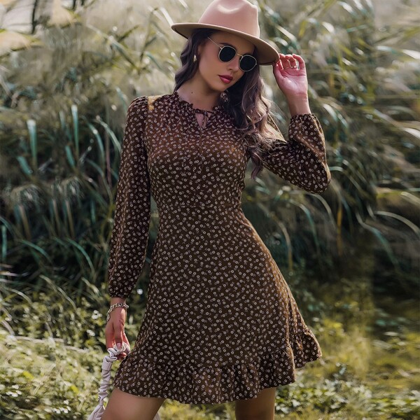 

Ditsy Floral Tie Neck Ruffle Hem Dress, Chocolate brown