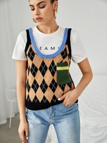 SHEIN Unity Argyle Pattern Pocket Front Sweater Vest Without Tee