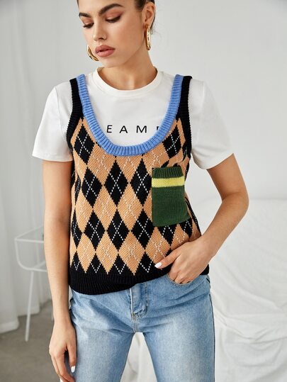 SHEIN Unity Atasan rajut Kantong Geometris Preppy