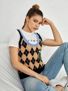 SHEIN Unity Argyle Pattern Pocket Front Sweater Vest Without Tee