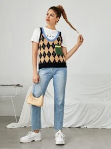 SHEIN Unity Argyle Pattern Pocket Front Sweater Vest Without Tee