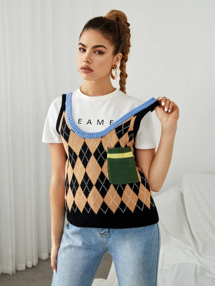Argyle Pattern Pocket Front Sweater Vest Without Tee