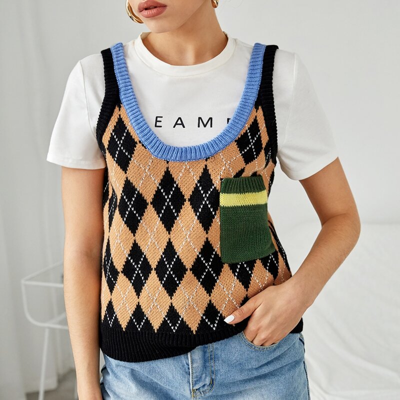 

Argyle Pattern Pocket Front Sweater Vest Without Tee, Multicolor