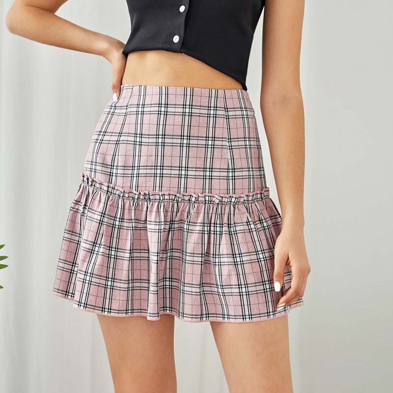 

Plaid Print Ruffle Hem Mini Skirt, Dusty pink