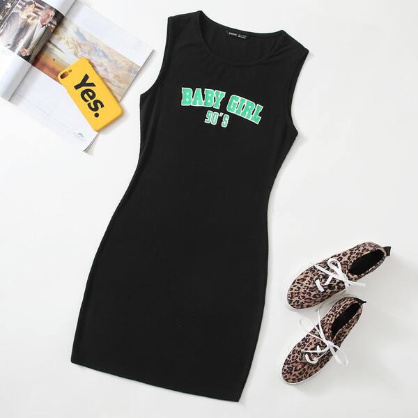 

Letter Graphic Rib-knit Tank Dress, Black