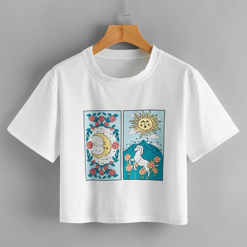 

Sun & Moon Graphic Crop Tee, White