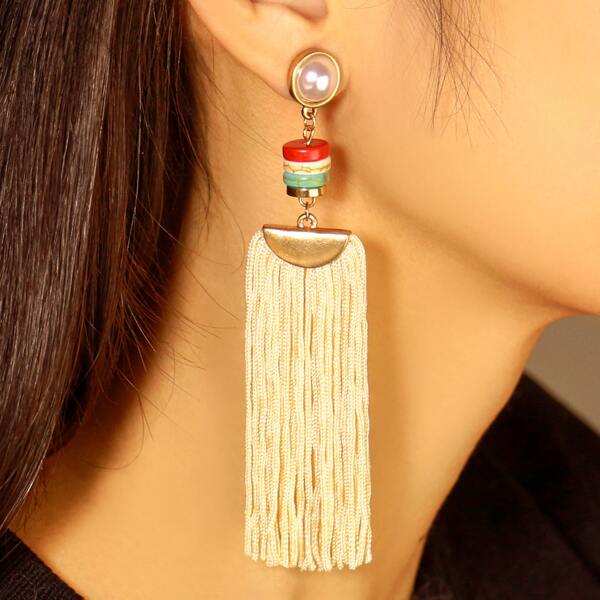 

Faux Pearl & Tassel Decor Drop Earrings, Beige