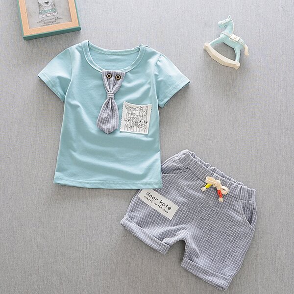 

Toddler Boys Fake Tie Patched Tee With Striped Shorts, Multicolor