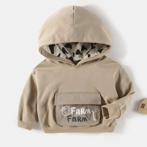 

Baby Boy Cow & Letter Graphic Hoodie, Khaki