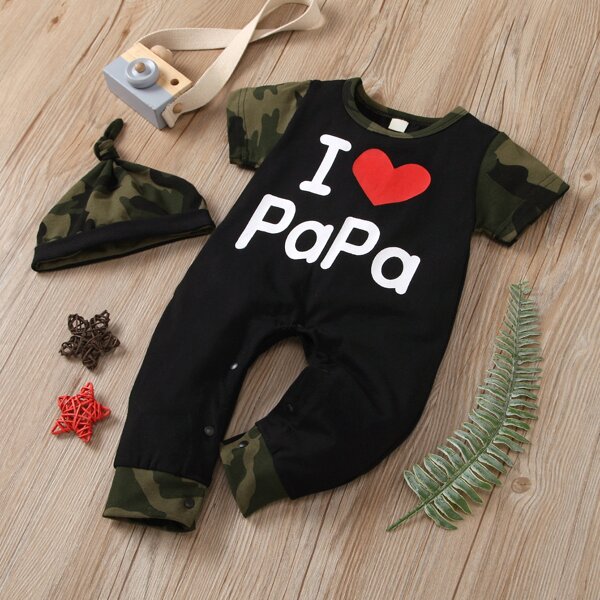 

Baby Unisex Letter & Camo Print Tee Jumpsuit With Hat, Black