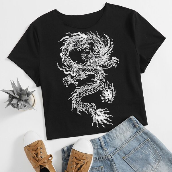 

Plus Chinese Dragon Print Crop Tee, Black