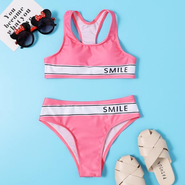 

Girls Letter Graphic Bikini Swimsuit, Pink