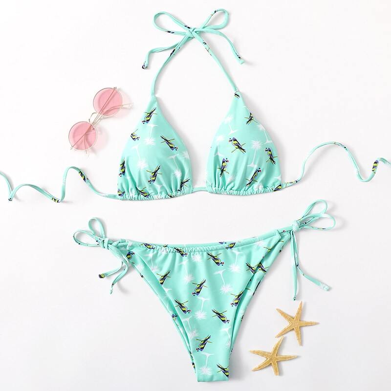 

Bird Print Triangle Tie Side Bikini Swimsuit, Mint green