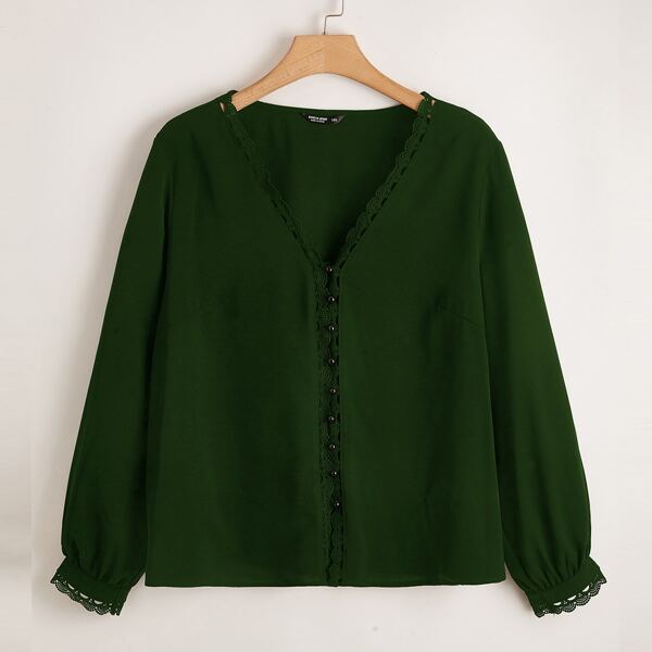 

Plus Lace Trim V-neck Solid Blouse, Dark green