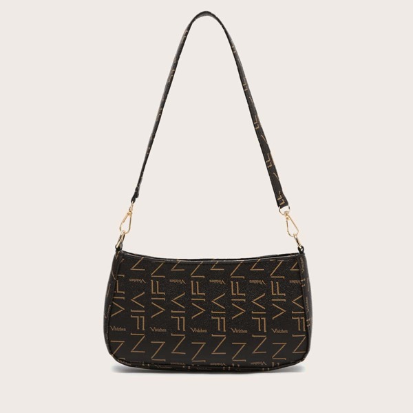 

Allover Letter Graphic Baguette Bag, Brown