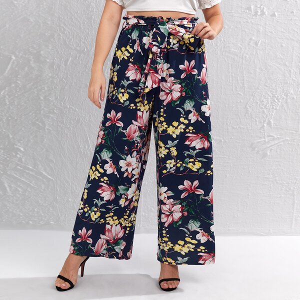 

Plus Paperbag Waist Belted Floral Pants, Multicolor
