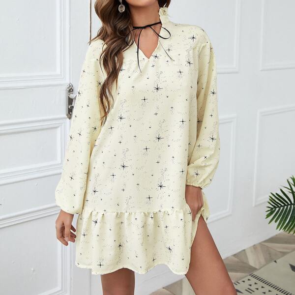 

Notched Neck Allover Print Ruffle Hem Dress, Beige