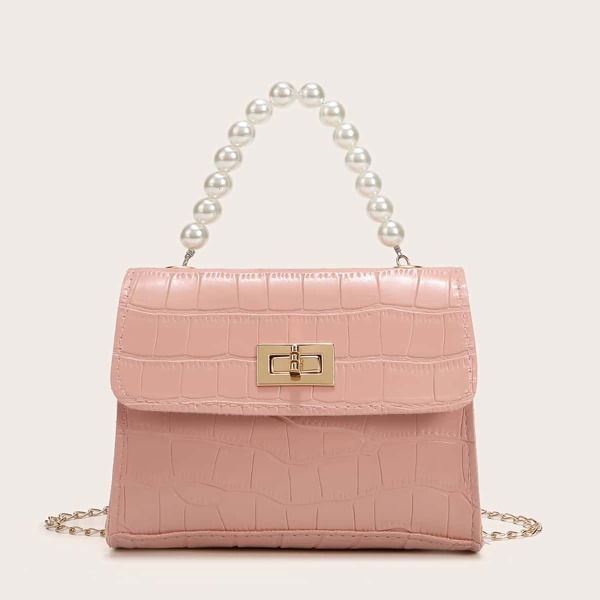 

Faux Pearl Handle Quilted Satchel Bag, Pink
