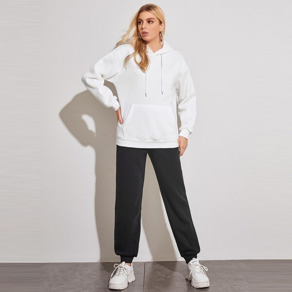 

Kangaroo Pocket Thermal Drawstring Hoodie & Sweatpants, Black and white