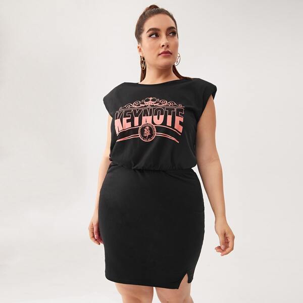 

Plus Shoulder Pad Letter Graphic Dress, Black