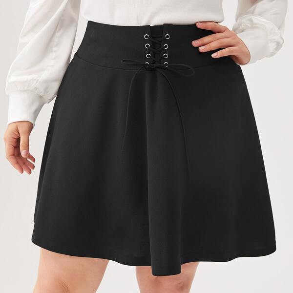 

Plus Solid Lace Up Front Skirt, Black