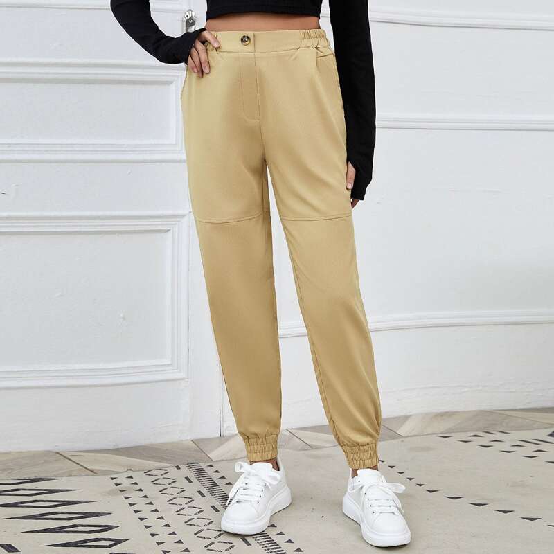 

Elastic Waist Pocket Side Carrot Pants, Khaki
