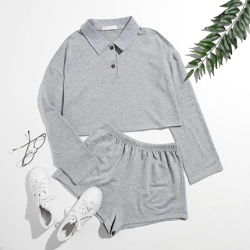 

Solid Polo Neck Shorts PJ Set, Grey