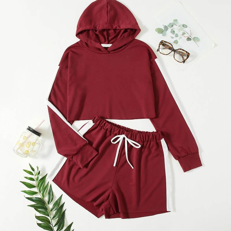 

Contrast Tape Side Shorts PJ Set, Burgundy
