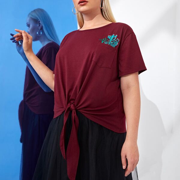 

Plus Cactus Embroidery Knot Hem Tee, Maroon