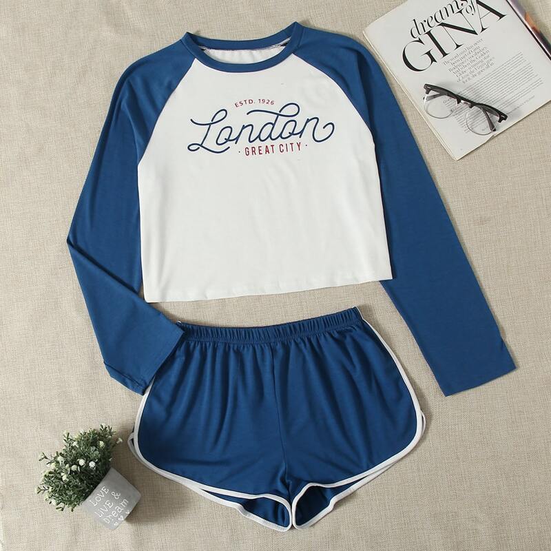 

Letter Graphic Shorts PJ Set, Blue and white