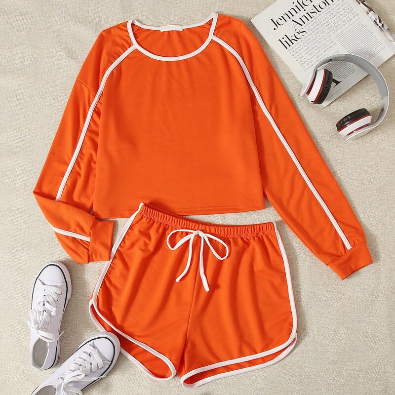 

Contrast Binding Tie Front Lounge Set, Orange