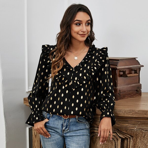 

Gilding Polka Dot Ruffle Trim Blouse, Black