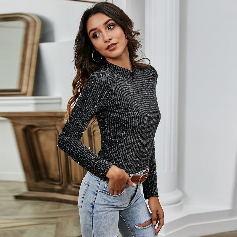 

Peals Beaded Ribbed Mock Neck Bodysuit, Dark grey