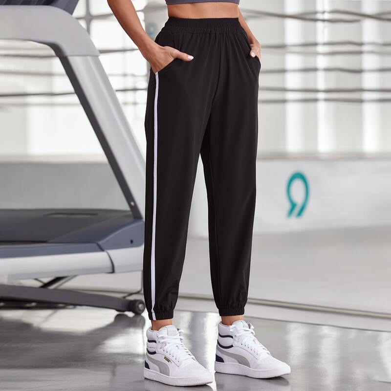 

Slant Pocket Contrast Tape Side Sports Pants, Black