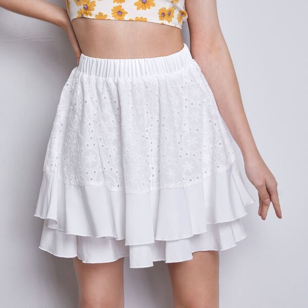 

Elastic Waist Eyelet Embroidery Layered Hem Skirt, White