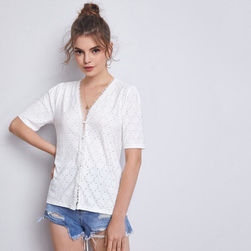 

Lace Trim Button Front Schiffy Blouse, White