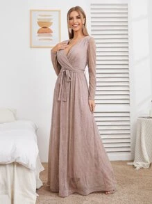 優雅蓮花粉色 V 領長袖亮片網紗長禮服，附綁帶腰部設計，適合女性四季穿著，適用婚禮、生日、舞會、外出與節慶派對 - 藕粉色 - 查看 5