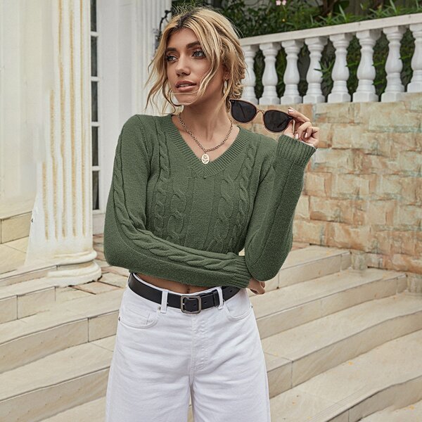 

Solid Cable Knit Crop Sweater, Army green
