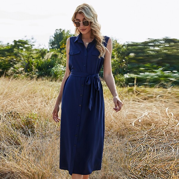 

Flap Detail Button Front Belted Dress, Navy blue
