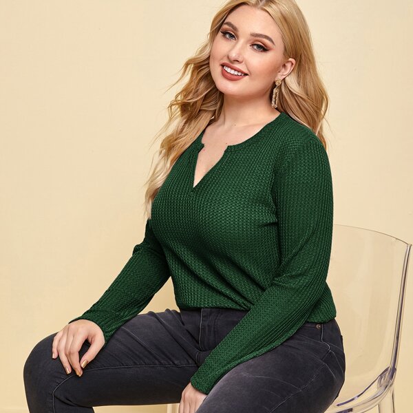 

Plus Waffle Knit Notch Neck Tee, Dark green