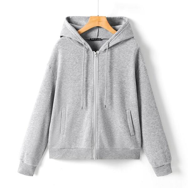 

Drop Shoulder Zipper Placket Drawstring Thermal Hoodie, Light grey