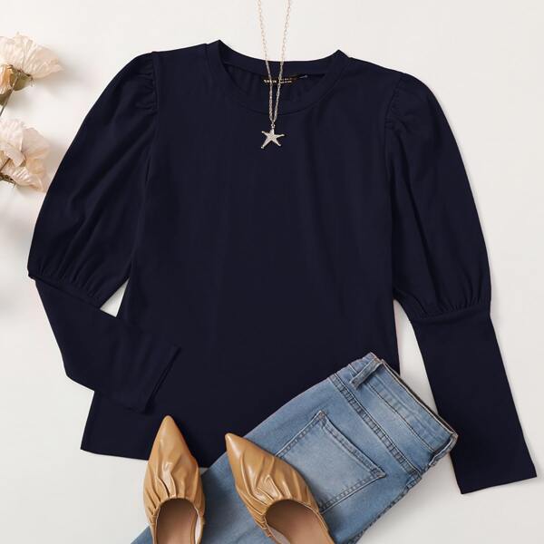 

Gigot Sleeve Solid Tee, Navy blue