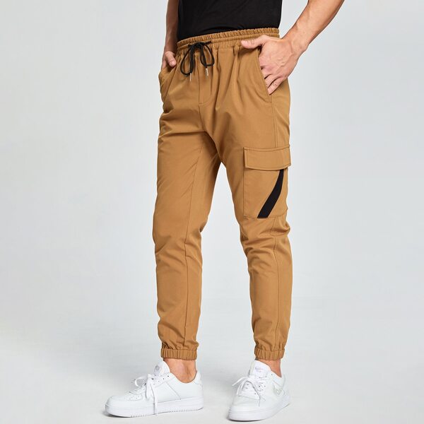 

Men Drawstring Waist Flap Pocket Cargo Pants, Brown