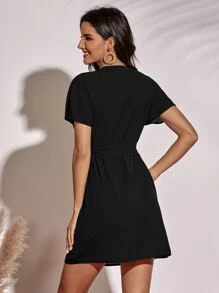 Tie Side Wrap Dress - Black - View 2