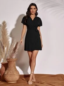 Tie Side Wrap Dress - Black - View 4