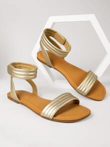 人造金屬皮革棉服踝帶涼鞋 - 金色 - 查看 4